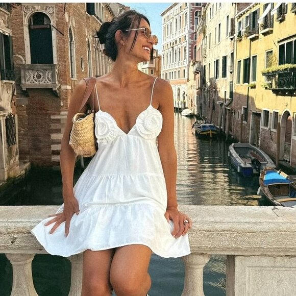 Zara Poplin Strappy Floral Ruffle Mini Dress Blogger Fav White Size XS - Picture 1 of 12